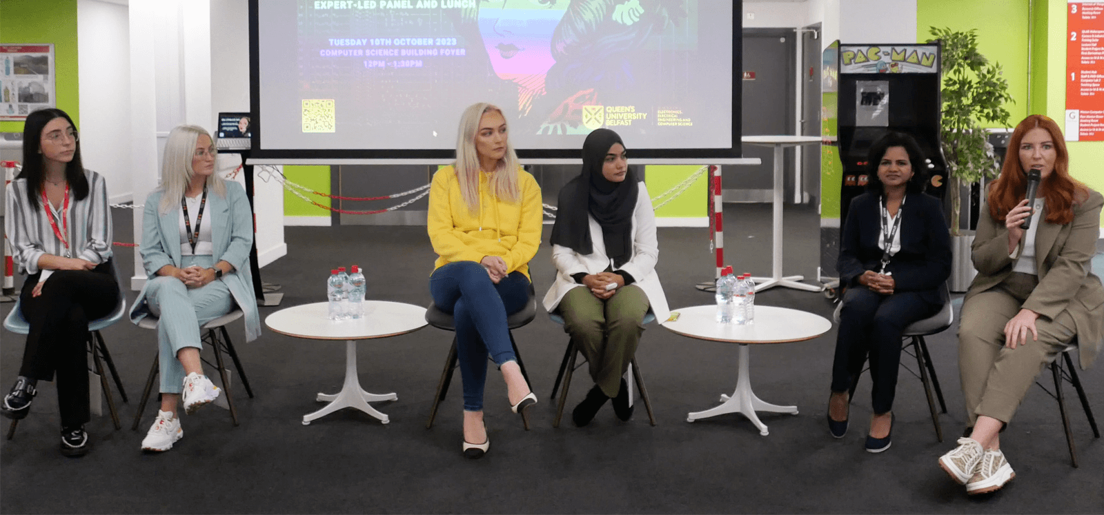 A panel of women from industry and post-doctoral researchers speaking at the Ada Lovelace Day event